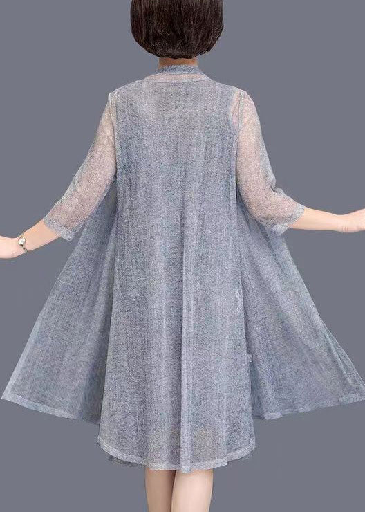 New Grey O Neck Print Tulle Two Piece Set Spring
