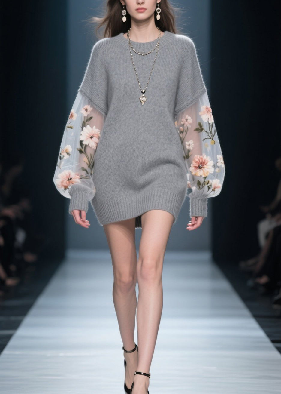 New Grey O Neck Tulle Patchwork Knit Knitwear Dress Fall