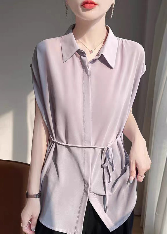 New Grey Peter Pan Collar Lace Up Oversized Chiffon Blouses Sleeveless