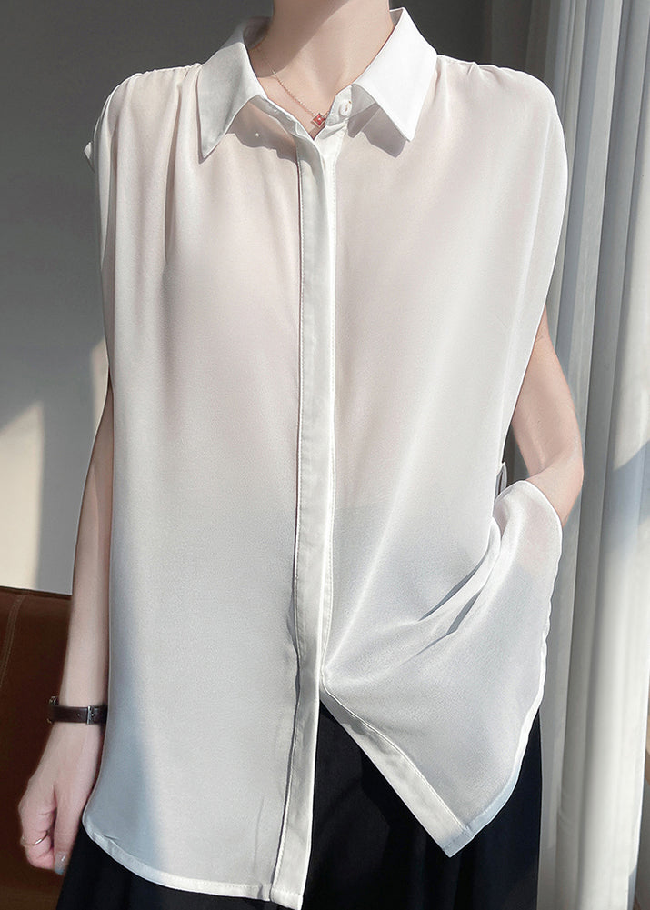 New Grey Peter Pan Collar Lace Up Oversized Chiffon Blouses Sleeveless