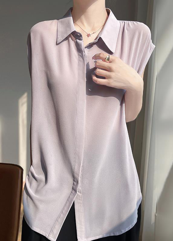 New Grey Peter Pan Collar Lace Up Oversized Chiffon Blouses Sleeveless