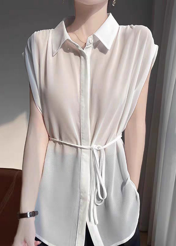 New Grey Peter Pan Collar Lace Up Oversized Chiffon Blouses Sleeveless