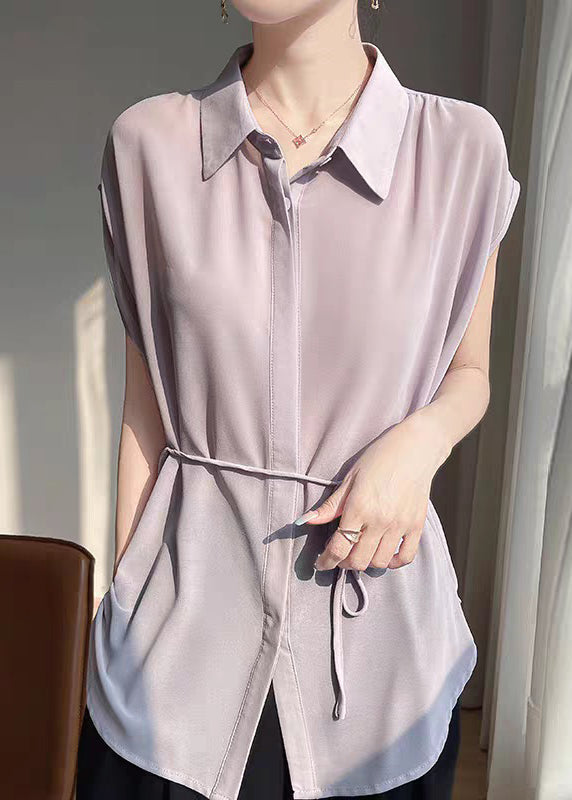 New Grey Peter Pan Collar Lace Up Oversized Chiffon Blouses Sleeveless