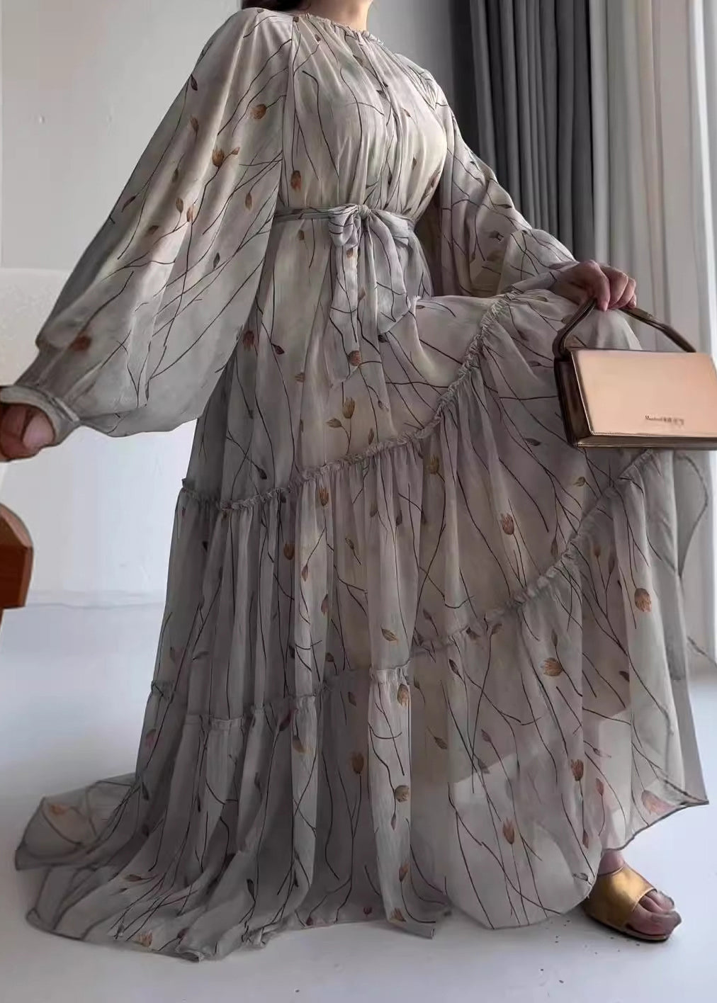 New Grey Ruffled Print Tie Waist Cotton Dresses Fall