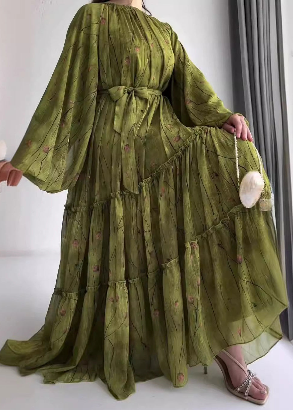New Grey Ruffled Print Tie Waist Cotton Dresses Fall
