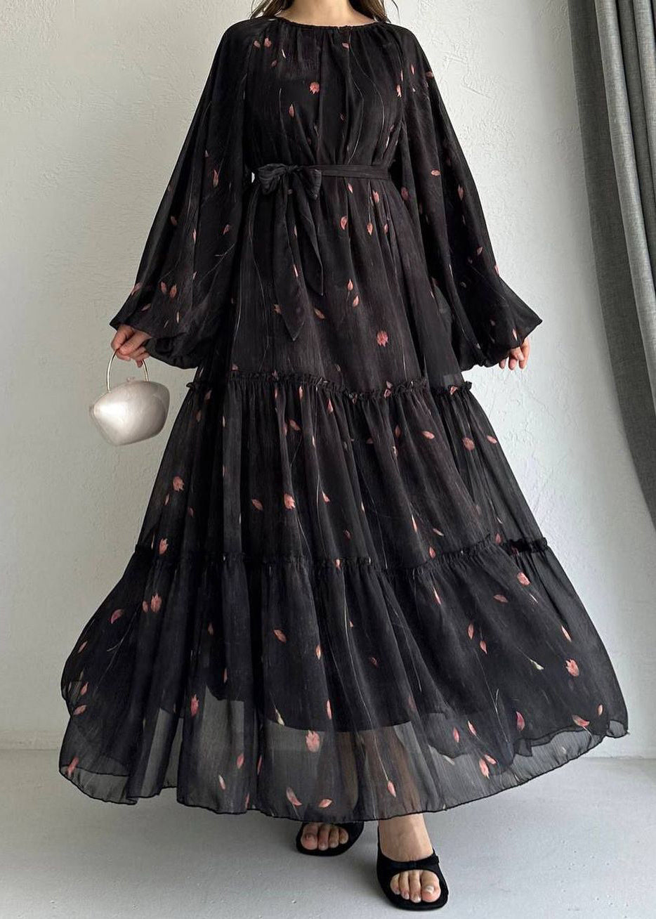 New Grey Ruffled Print Tie Waist Cotton Dresses Fall