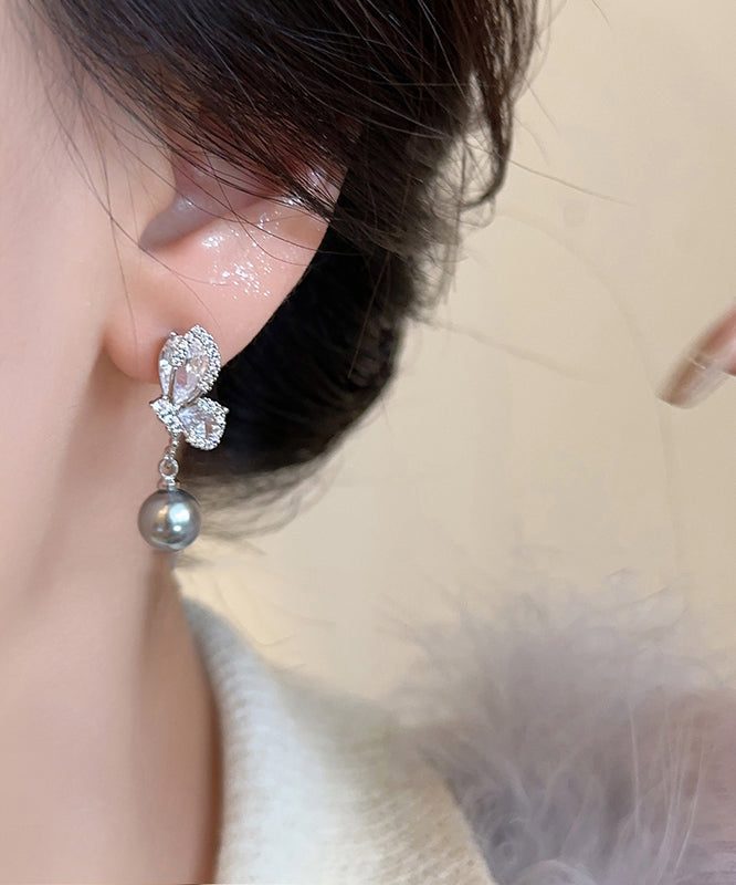 New Grey Sterling Silver Zircon Pearl Drop Earrings