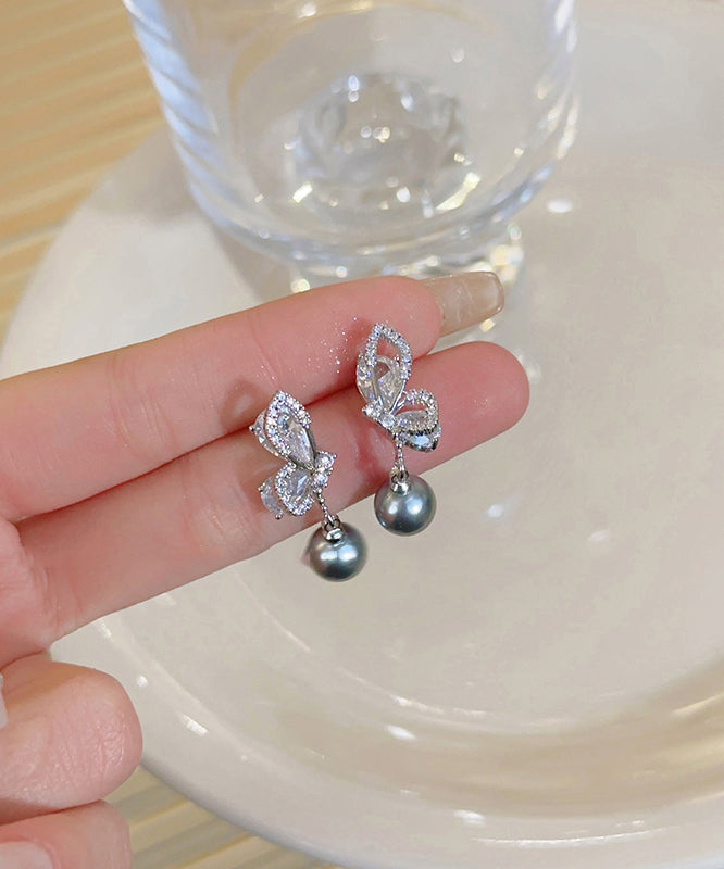 New Grey Sterling Silver Zircon Pearl Drop Earrings