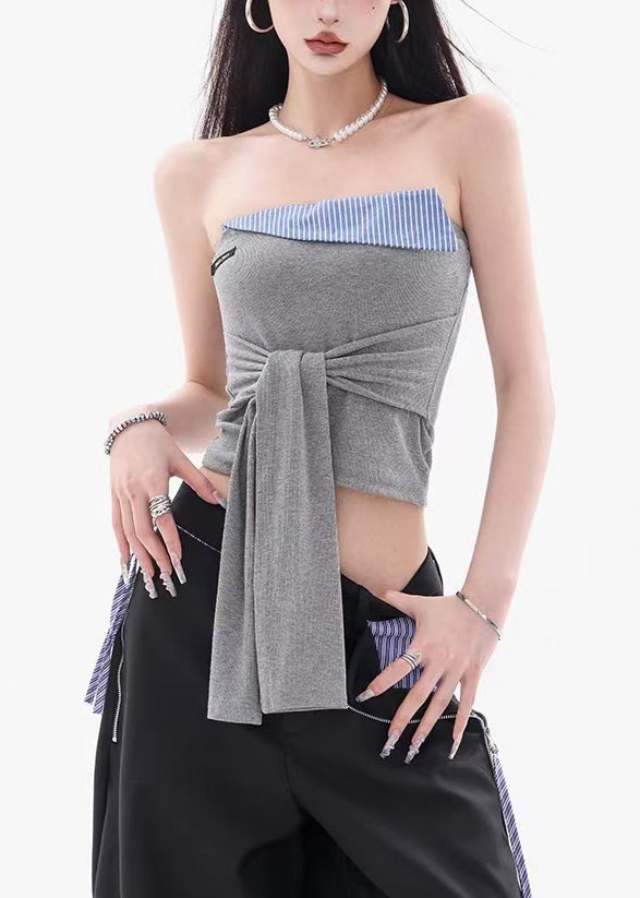 New Grey Strapless Lace Up Patchwork Cotton Top Sleeveless