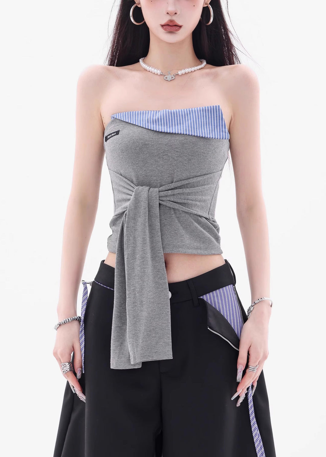 New Grey Strapless Lace Up Patchwork Cotton Top Sleeveless