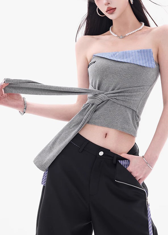 New Grey Strapless Lace Up Patchwork Cotton Top Sleeveless