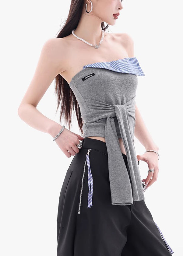 New Grey Strapless Lace Up Patchwork Cotton Top Sleeveless