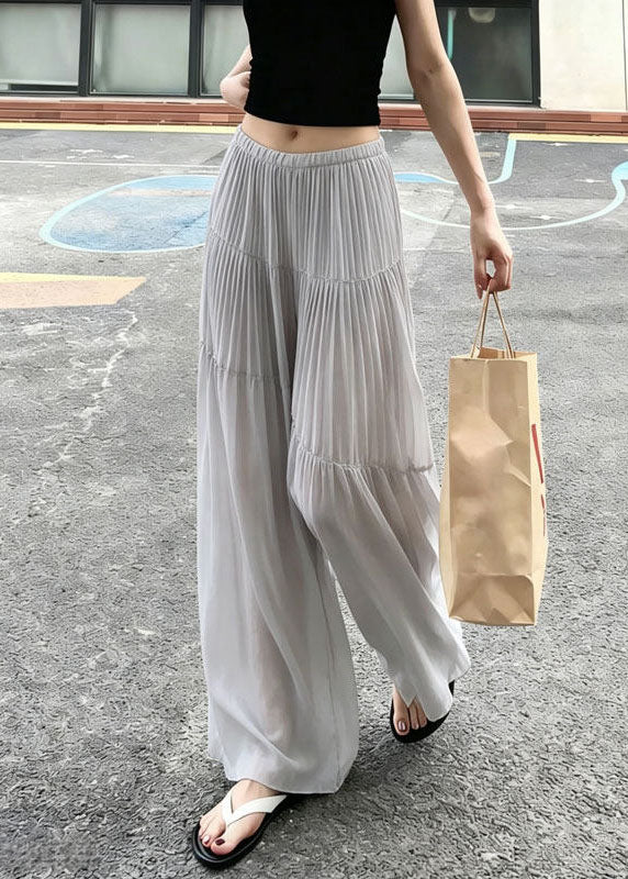 New Grey Wrinkled Patchwork Elastic Waist Chiffon Pants Summer