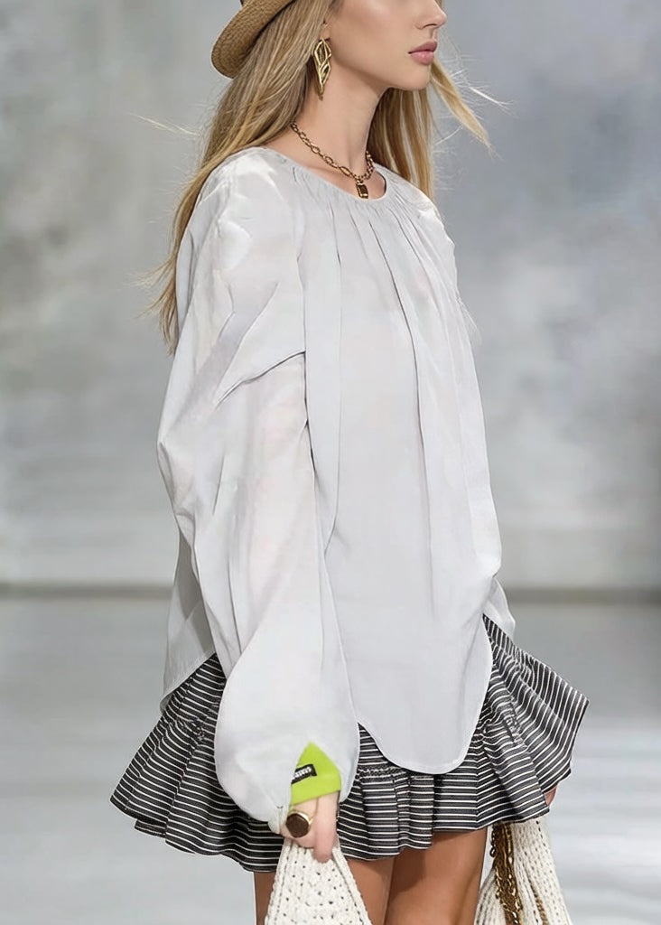 New Grey Wrinkled Solid Cotton Shirt Tops Spring