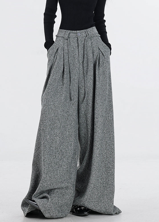New Grey Zippered Button High Waist Woolen Wide Leg Pants