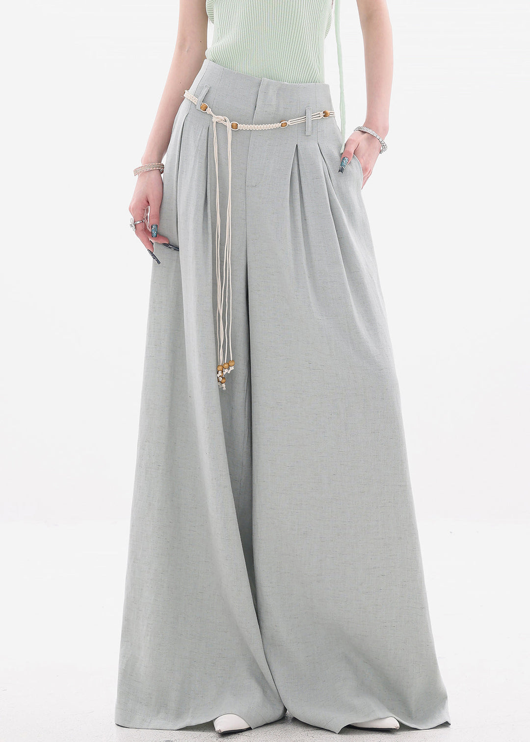 New Grey Zippered Cotton Wide Leg Pants High Waist