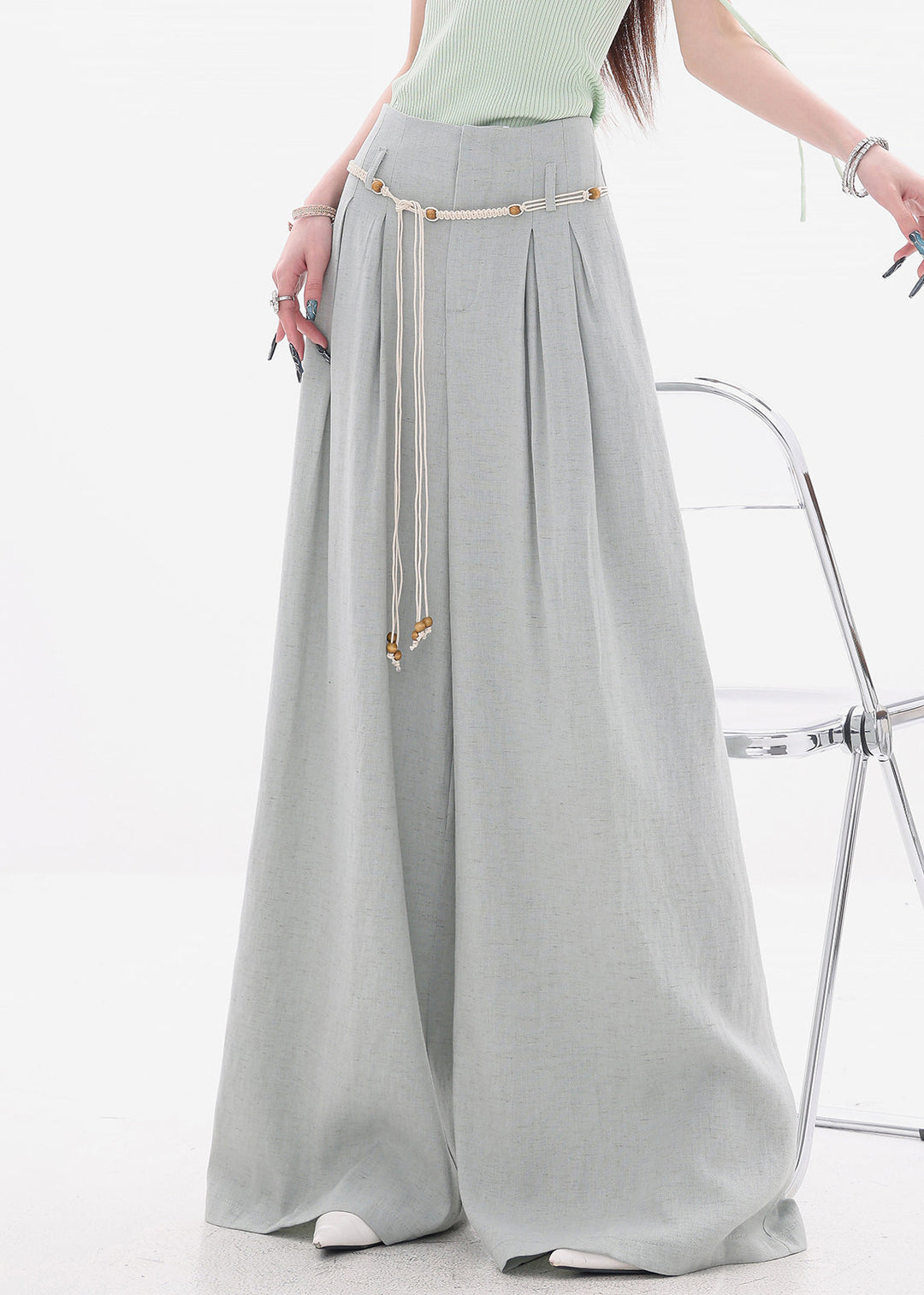 New Grey Zippered Cotton Wide Leg Pants High Waist