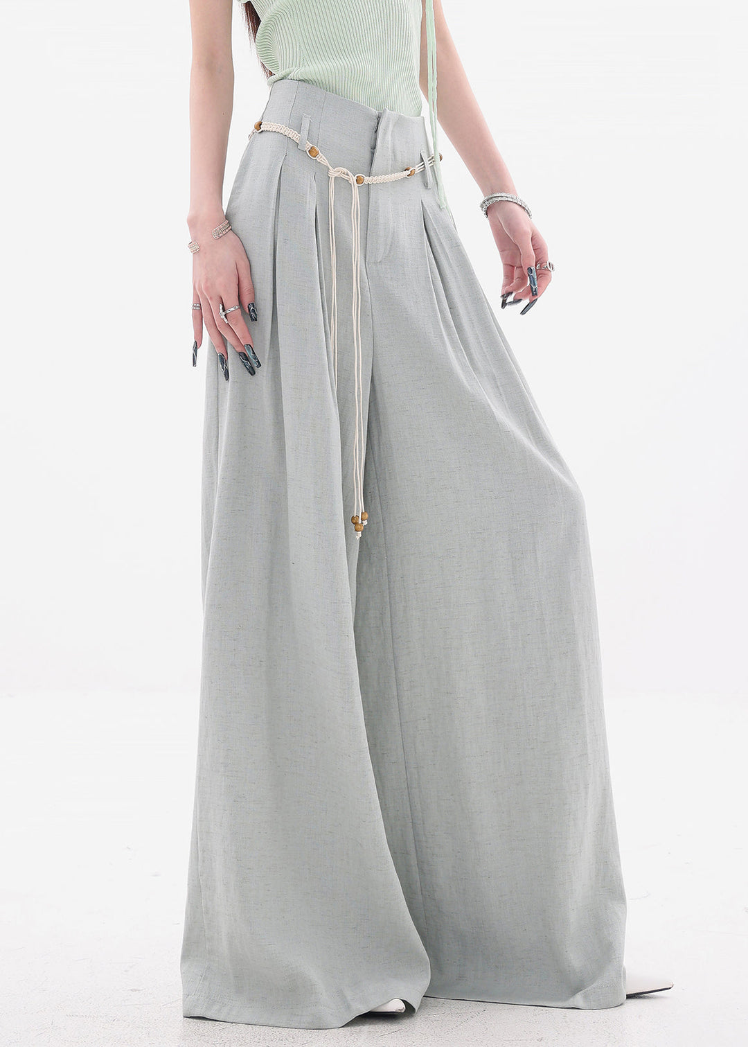 New Grey Zippered Cotton Wide Leg Pants High Waist