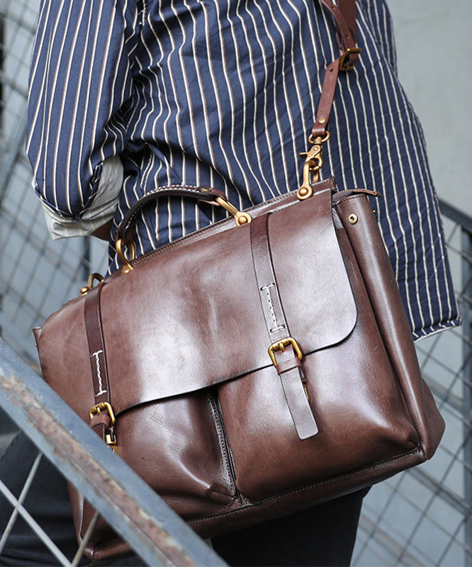 New Handmade Men's Coffee Calf Leather Message Bag