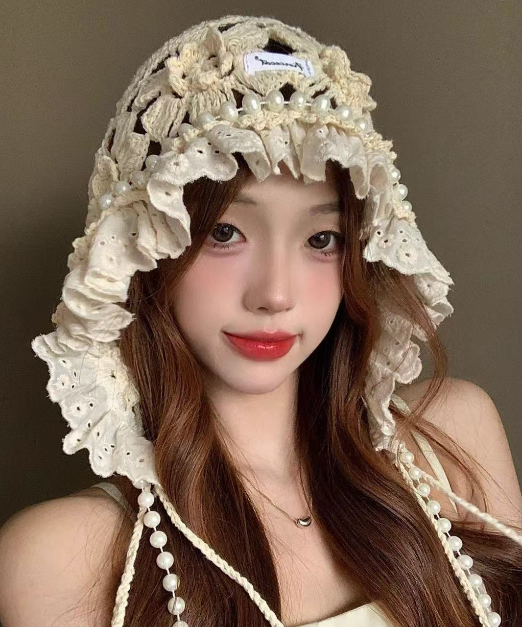 New Japanese Style Beige Sweet Pearl Hollow Flower Knitted Hat