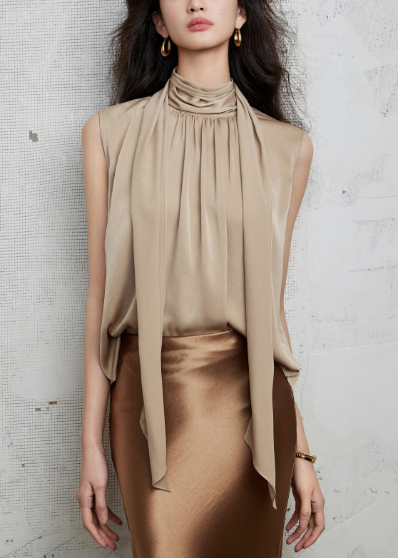 New Khaki Bow Wrinkled Silk Shirt Sleeveless