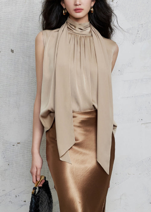 New Khaki Bow Wrinkled Silk Shirt Sleeveless
