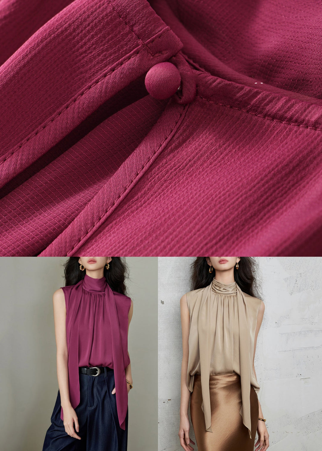 New Khaki Bow Wrinkled Silk Shirt Sleeveless