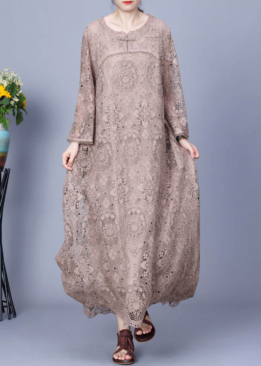 New Khaki Button Pockets Patchwork Lace Dresses Long Sleeve