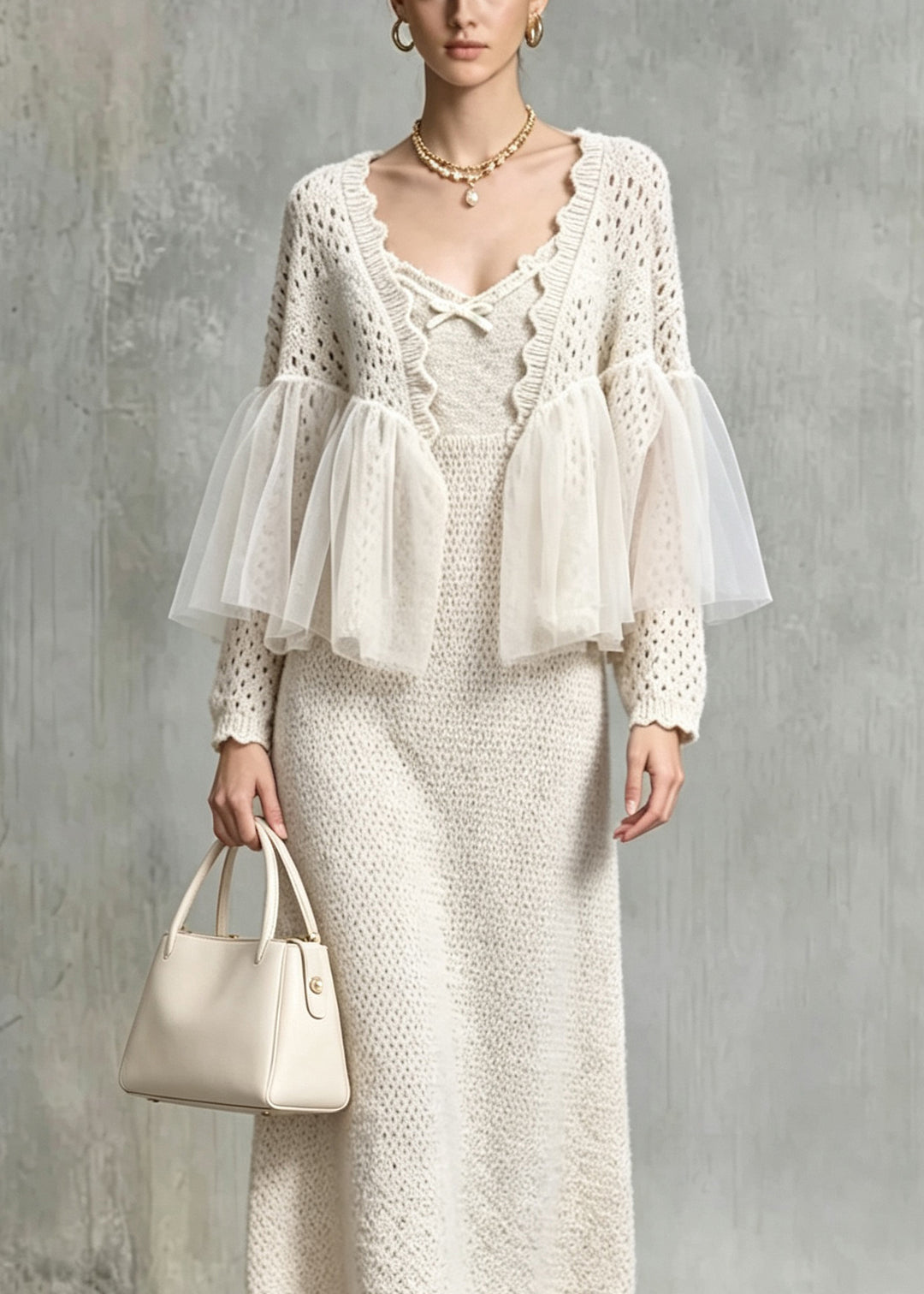 New Khaki Hollow Out Tulle Patchwork Knit Two Pieces Set Fall