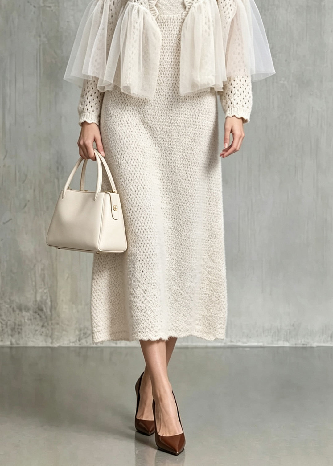 New Khaki Hollow Out Tulle Patchwork Knit Two Pieces Set Fall