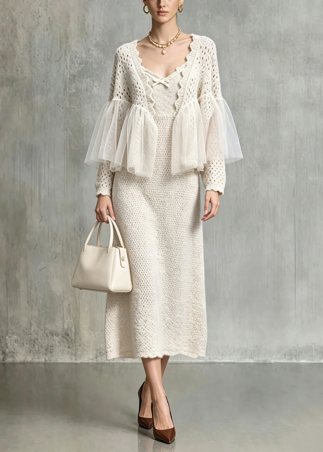New Khaki Hollow Out Tulle Patchwork Knit Two Pieces Set Fall