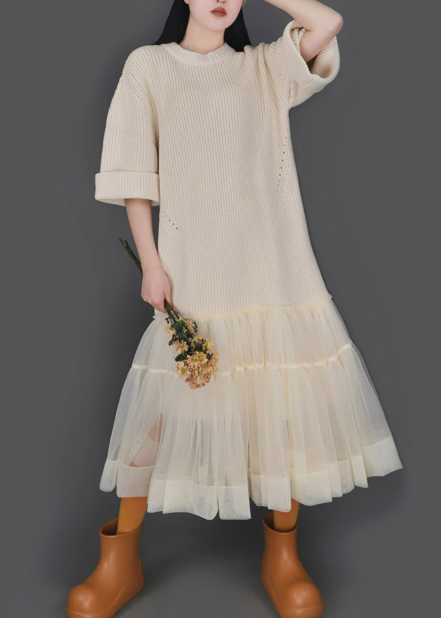 New Khaki O Neck Tulle Patchwork Knitted Cotton Dress Half Sleeve