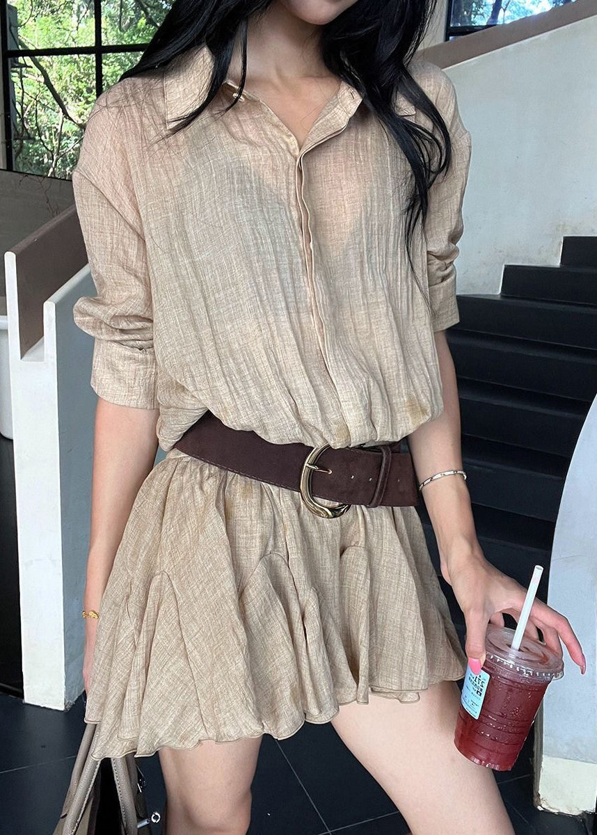 New Khaki Peter Pan Collar Button Cotton Mini Dresses Summer