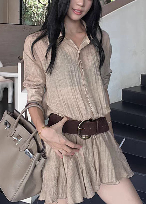 New Khaki Peter Pan Collar Button Cotton Mini Dresses Summer