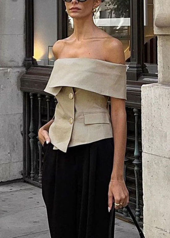 New Khaki Slash Neck Cold Shoulder Button Cotton Top Summer