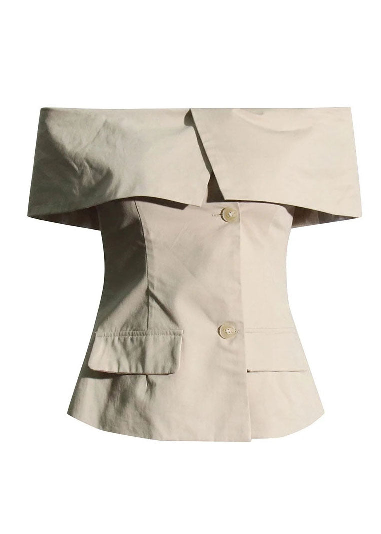 New Khaki Slash Neck Cold Shoulder Button Cotton Top Summer