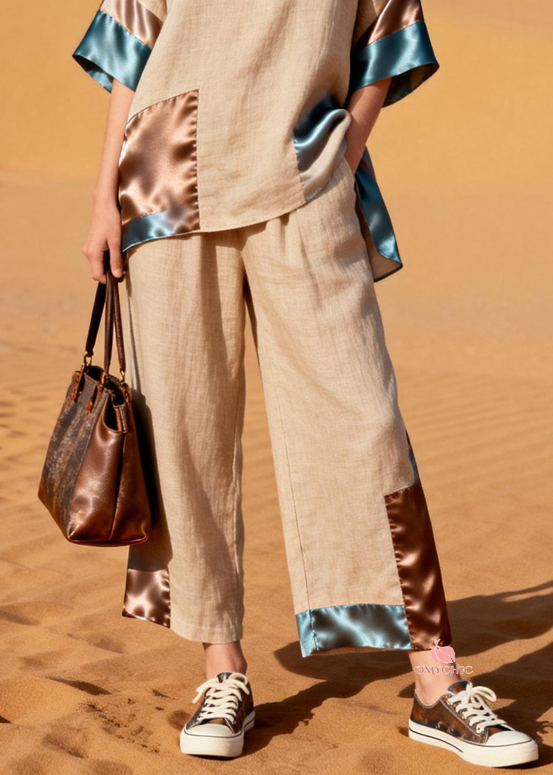 New Khaki Stand Collar Chinese Button Patchwork Silk Linen Two Pieces Set Half Sleeve