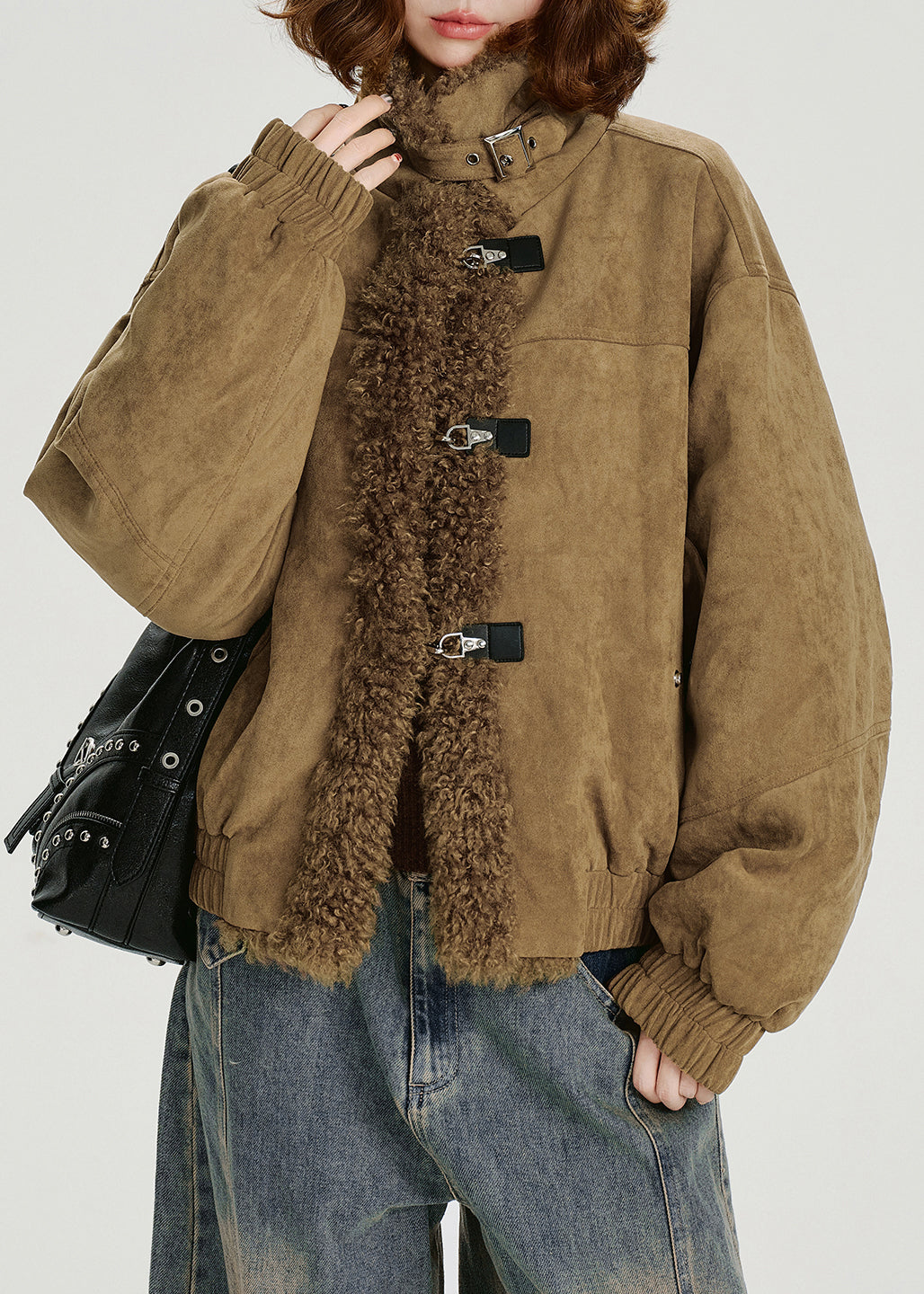 New Khaki Stand Collar Teddy Faux Fur Patchwork Cotton Filled Jacket Winter