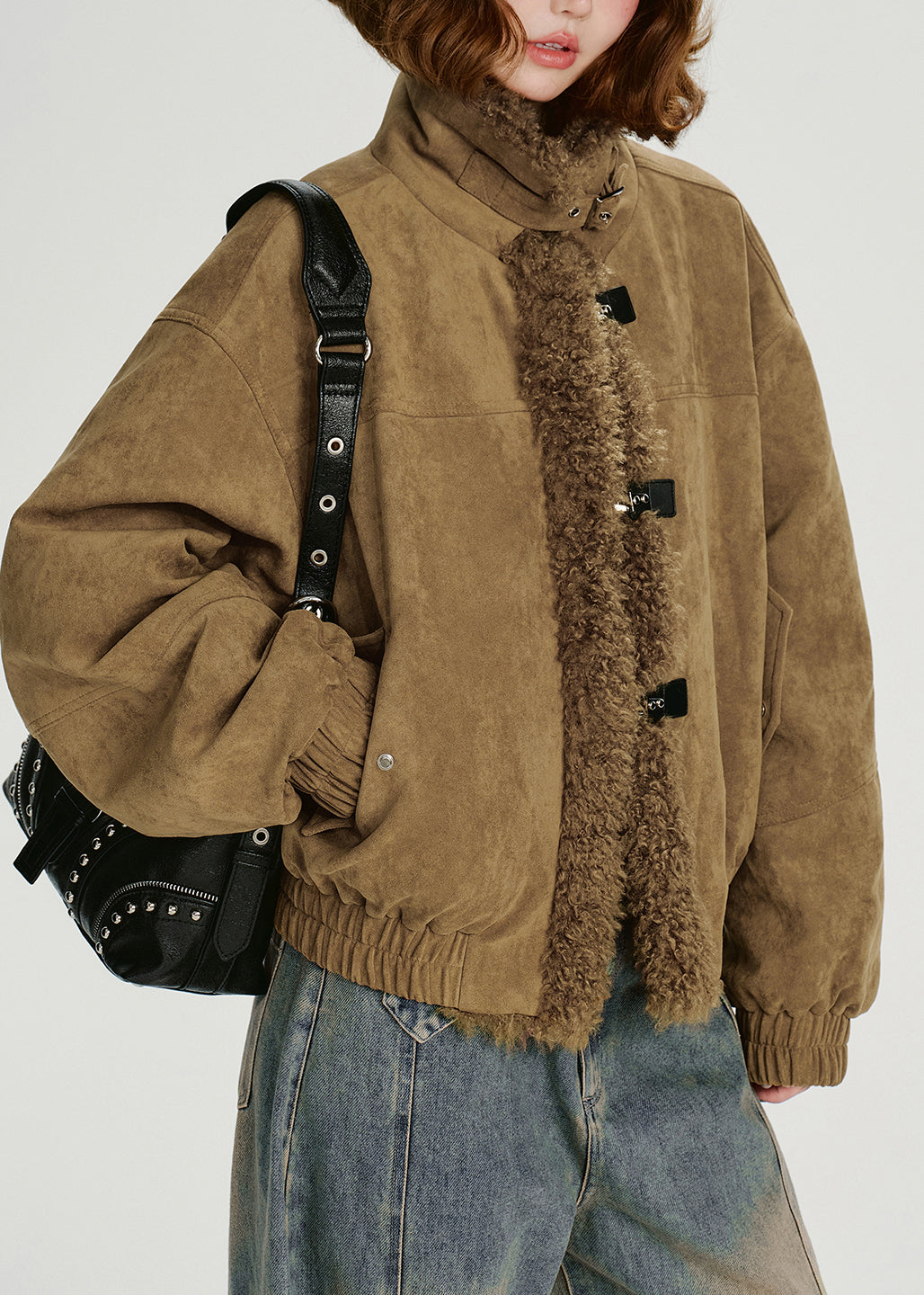 New Khaki Stand Collar Teddy Faux Fur Patchwork Cotton Filled Jacket Winter