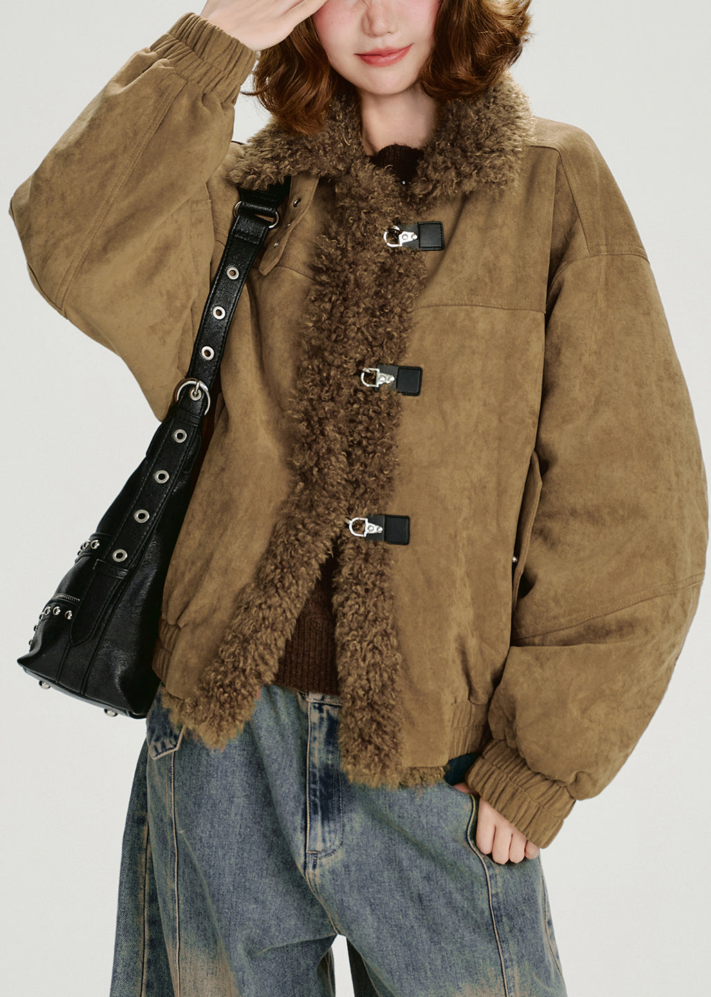 New Khaki Stand Collar Teddy Faux Fur Patchwork Cotton Filled Jacket Winter