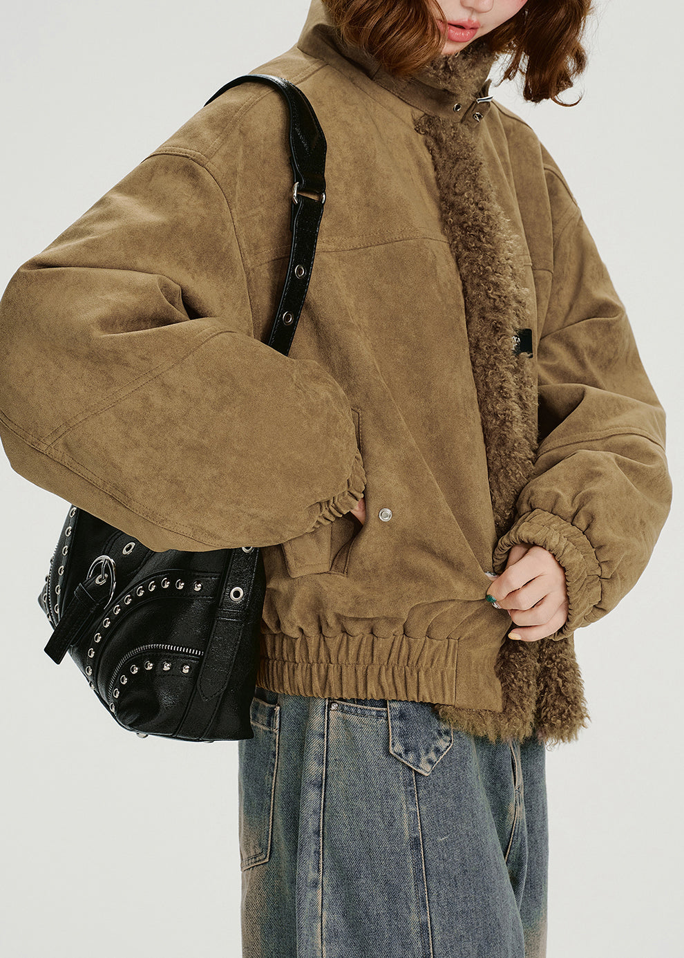 New Khaki Stand Collar Teddy Faux Fur Patchwork Cotton Filled Jacket Winter