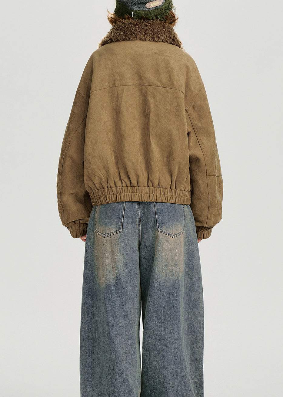 New Khaki Stand Collar Teddy Faux Fur Patchwork Cotton Filled Jacket Winter