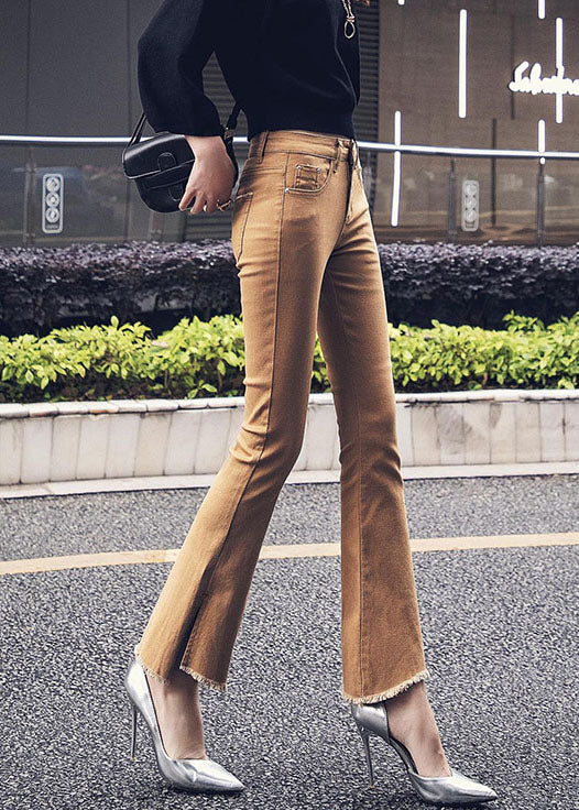 New Khaki Tasseled Slim Fit Denim Flared Trousers Fall