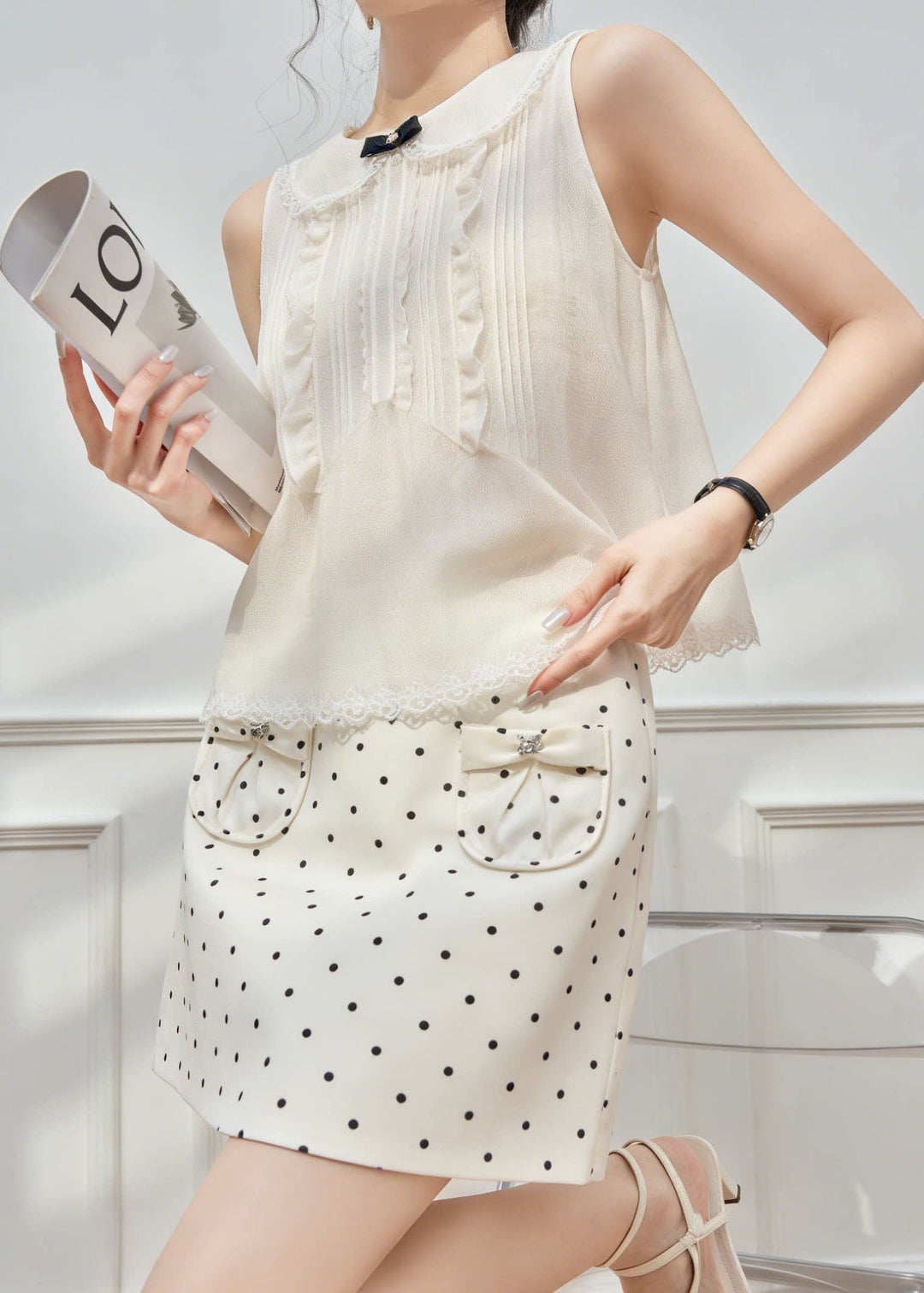 New Lace Patchwork Dot Spaghetti Strap Camisole And Skirts Summer Three Piece Set