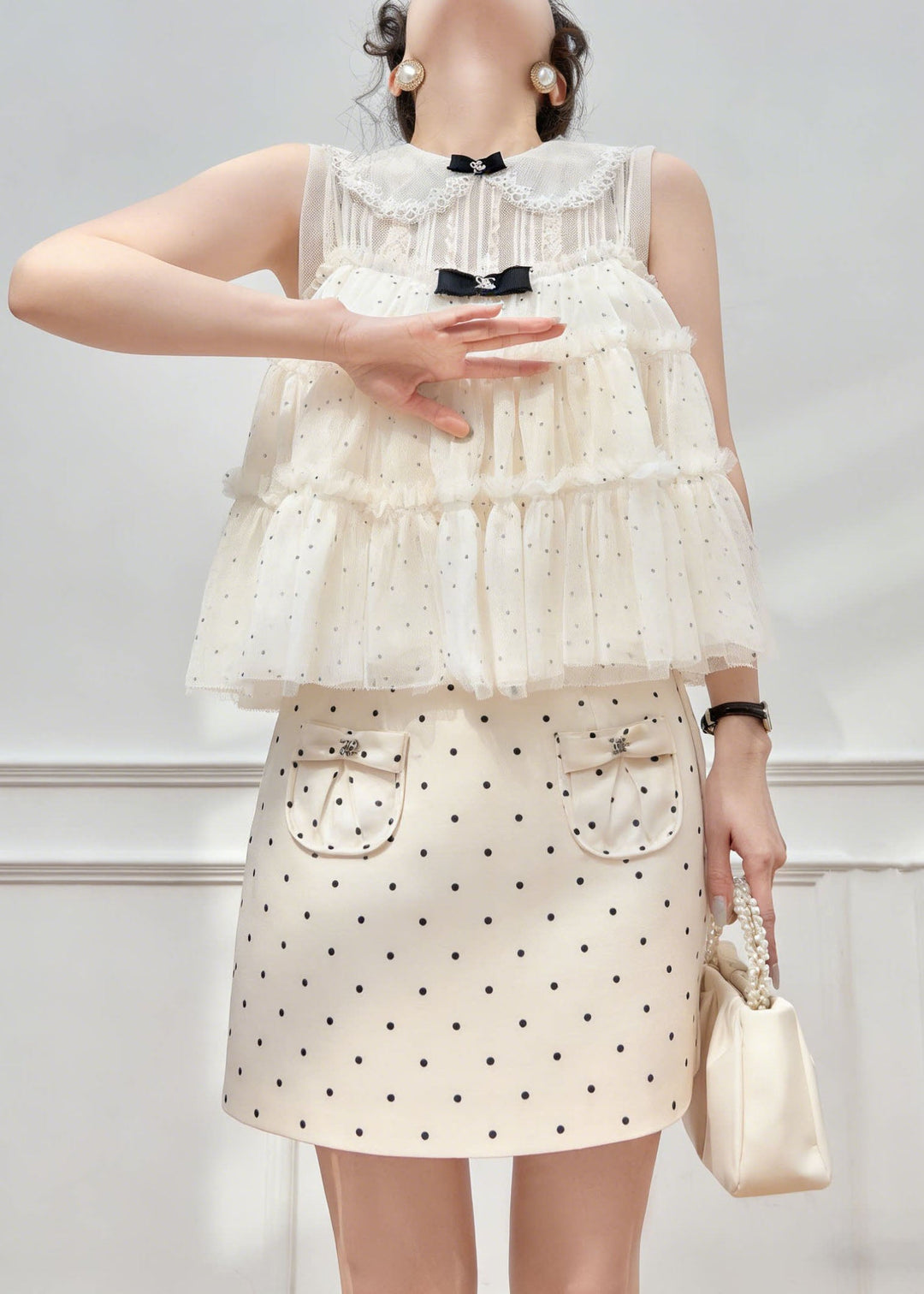 New Lace Patchwork Dot Spaghetti Strap Camisole And Skirts Summer Three Piece Set