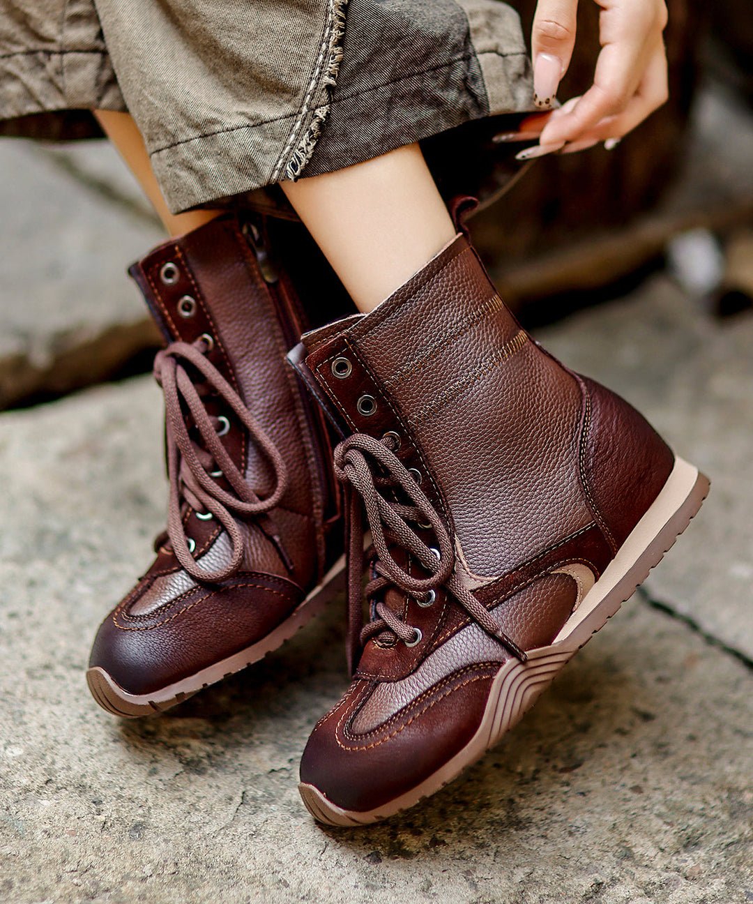 New Lace Up Splicing Boots Black Cowhide Leather Fuzzy Wool Lined