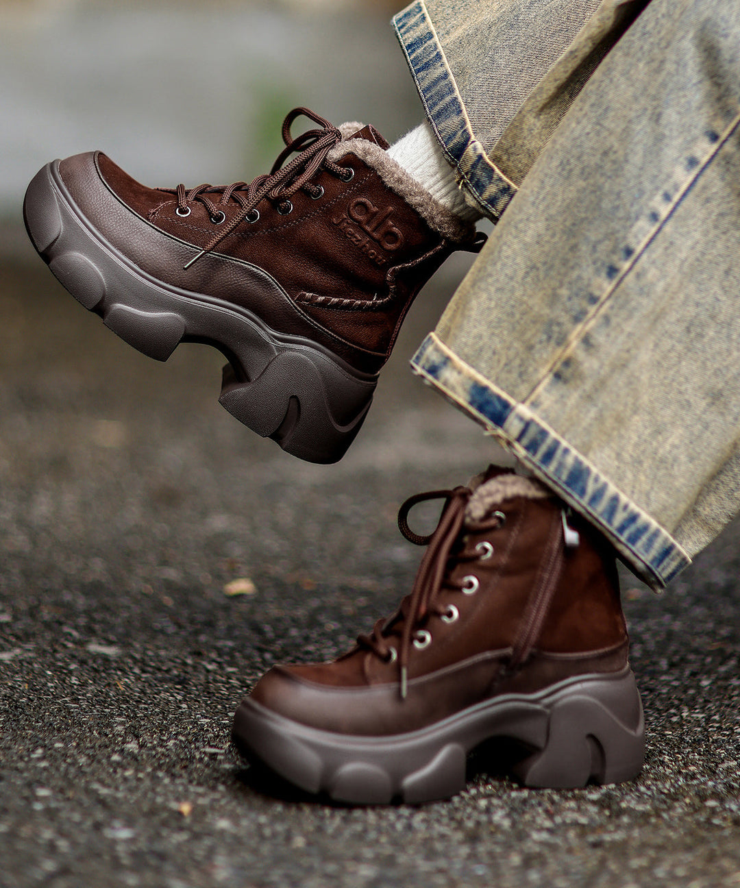 New Lace Up Splicing Platform Boots Red Cowhide Leather Fuzzy Wool Lined