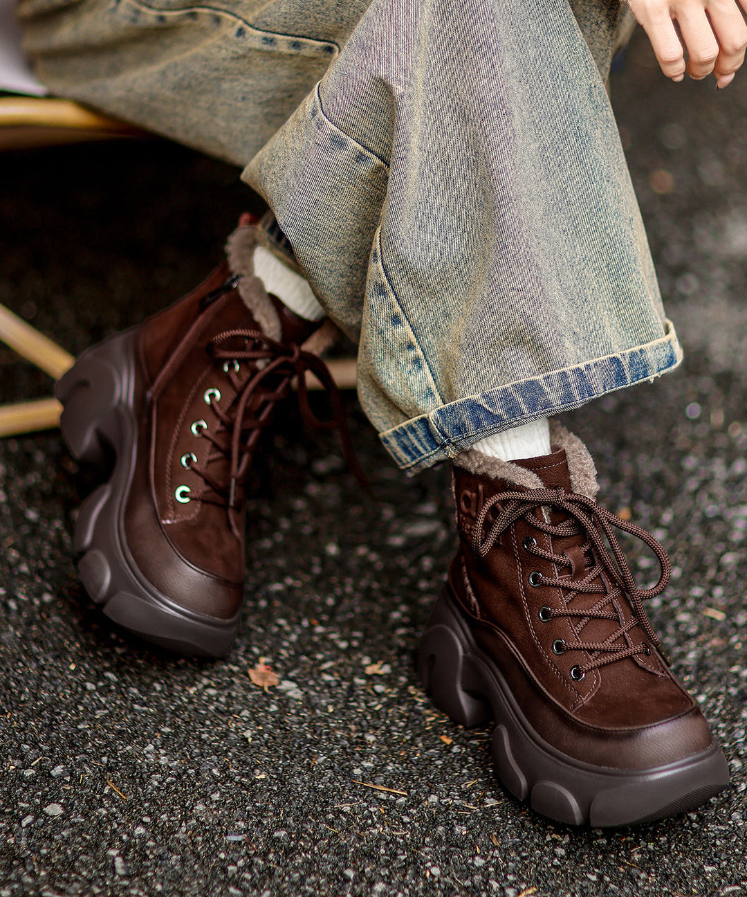 New Lace Up Splicing Platform Boots Red Cowhide Leather Fuzzy Wool Lined