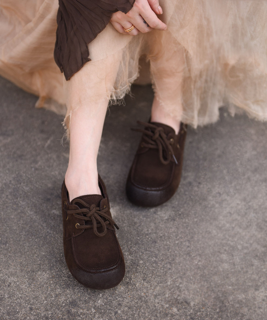 New Lace Up Splicing Platform Loafers For Women Khaki Suede