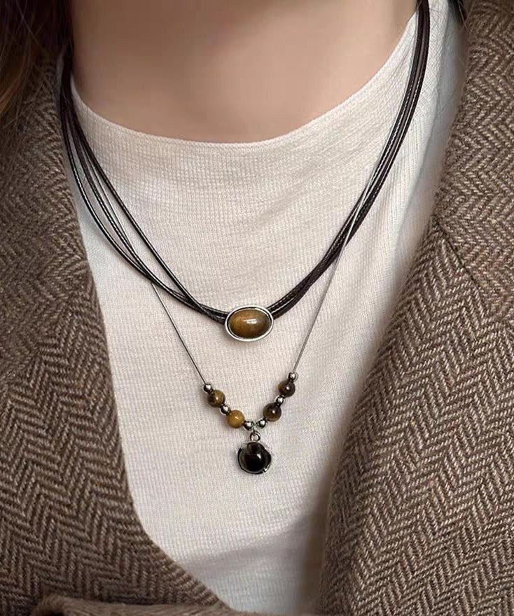 New Leather Patchwork Tiger's Eye Pendant Necklace Two-Piece Set